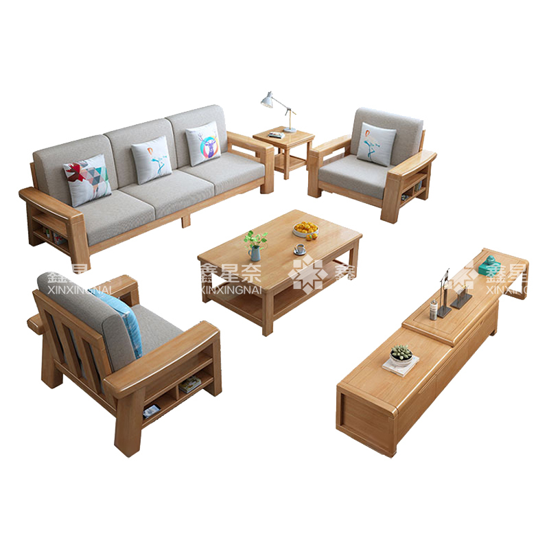 鑫星奈 XXN3112208 简约实木沙发原木色实木沙发茶几组合 1+1+3+长茶几+方几+电视柜