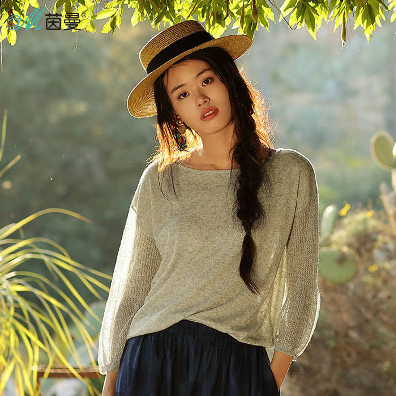 茵曼inman春装新款圆领宽松灯笼落肩袖净色针织衫女1881301348