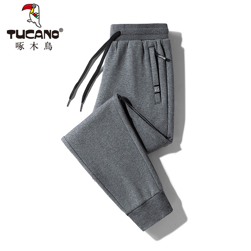 啄木鸟加绒加厚休闲裤男款秋冬季宽松直筒大码纯棉保暖束脚运动裤