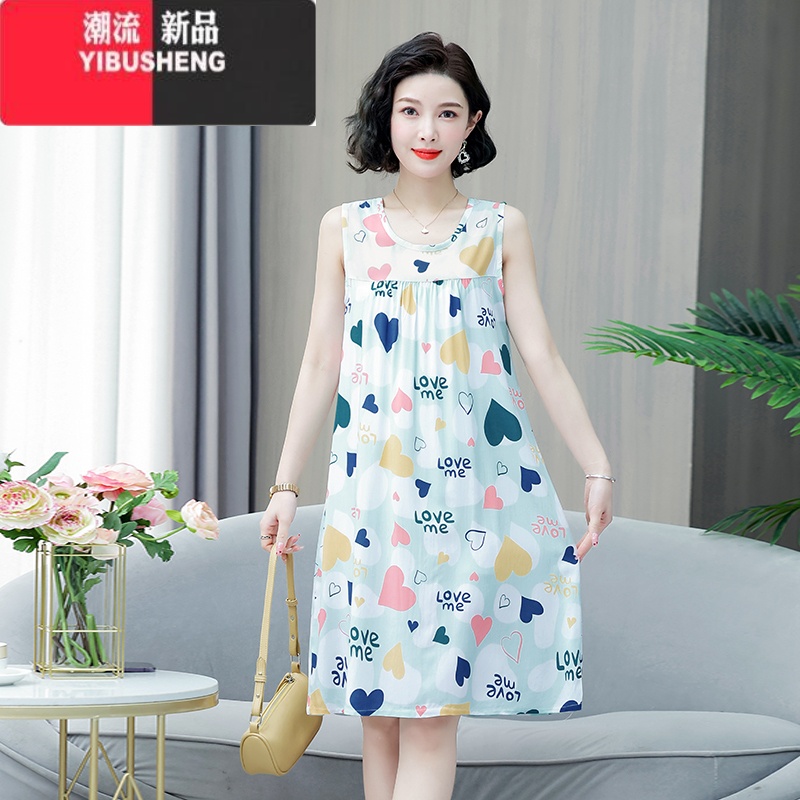 YIBUSHENG装新款无袖睡裙中年妈妈装季睡衣过膝裙子女透气棉绸舒适裙气 XL建议115斤以内 5号色彩色爱心