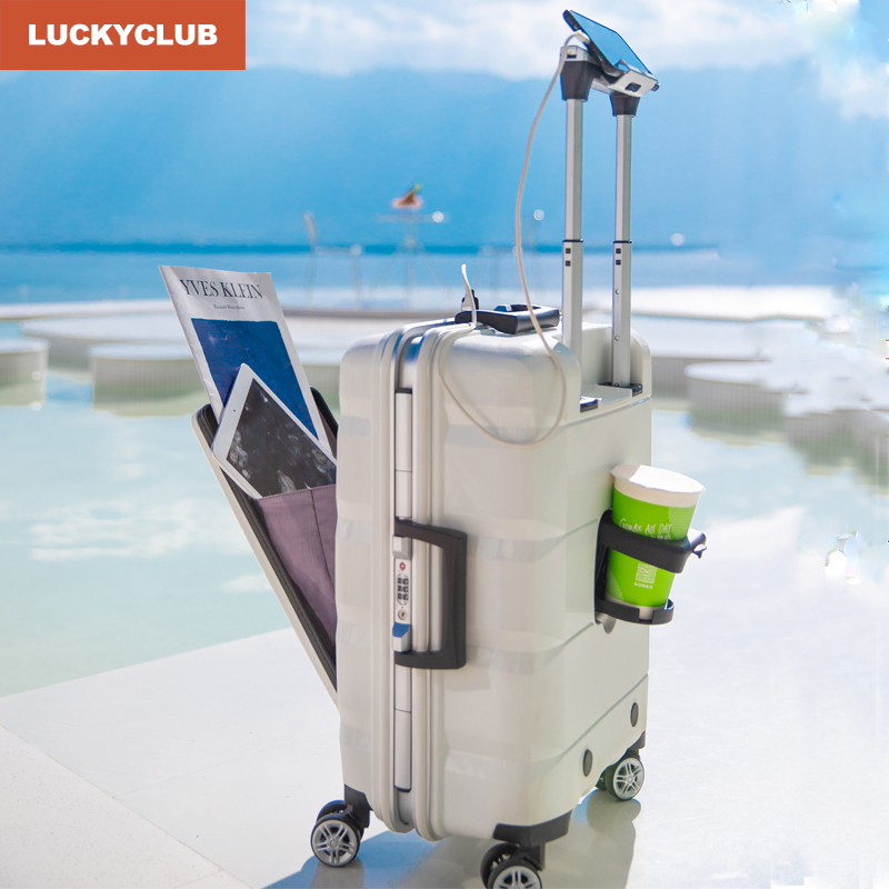 LUCKY CLUB 行李箱男女拉杆箱万向轮出差旅行商务密码多功能前置开口电脑高颜值 铝框主仓至酷黑 24英寸