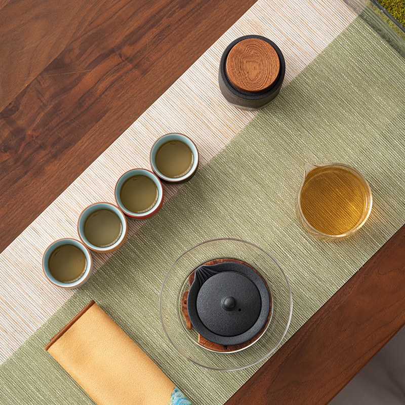苏氏陶瓷(SUSHI CERAMICS)手绘釉画彩千里江山四色杯行云壶套装禅黑文创伴手礼套组