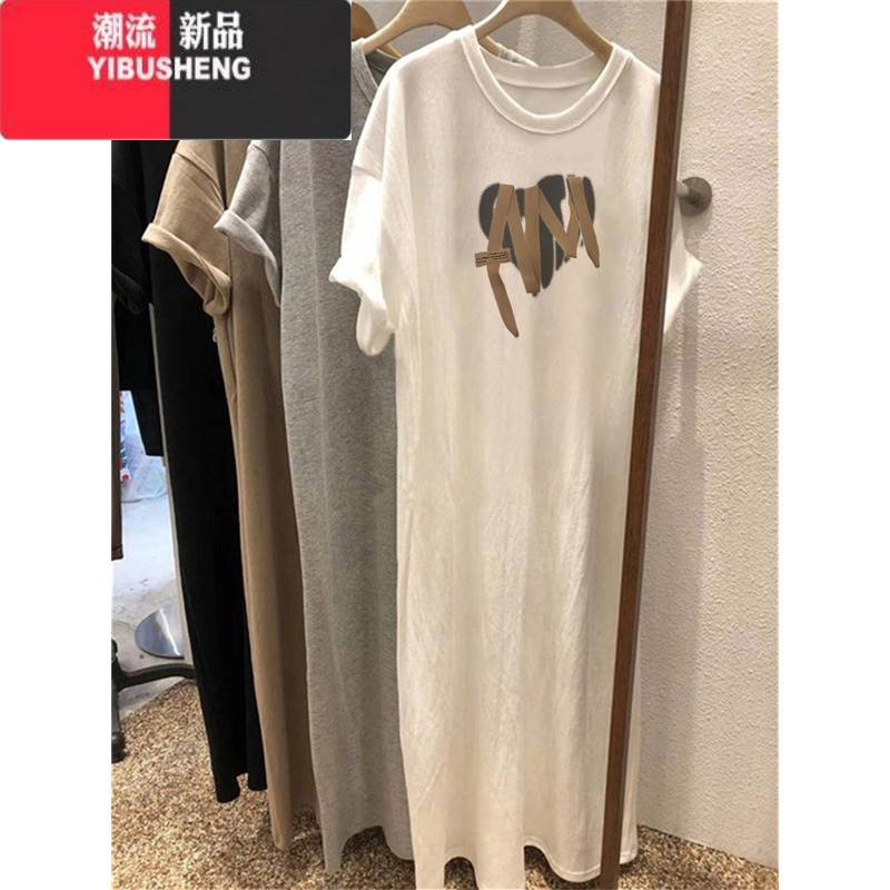 YIBUSHENG短袖遮肚子t恤裙女士季韩版宽松大码休闲中长款过膝连衣裙