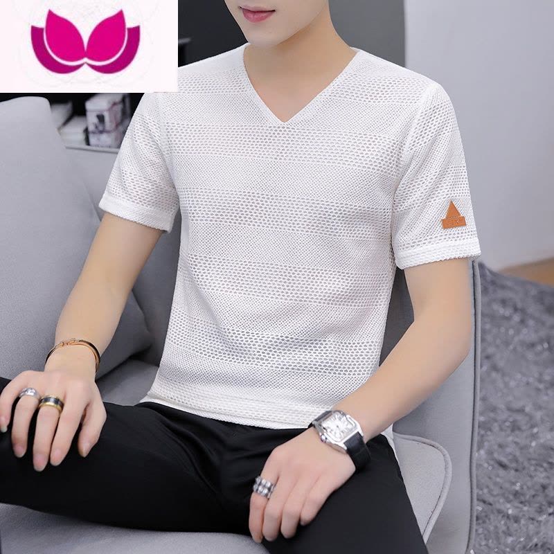 七斓2023夏季新款冰丝镂空男士短袖T恤针织网眼V领半袖小衫薄款体恤潮图片