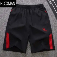 HLCOMAN男士短裤夏季休闲大码黑色拉链弹力运动五分裤男户外沙滩裤大男分 5XL180斤左右 红标