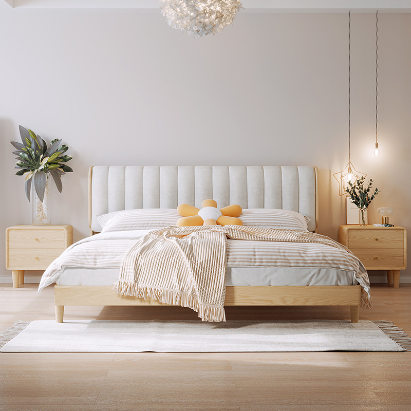 冬熊北欧风格实木床布艺软包现代简约轻奢15米18米双人床主卧hj880