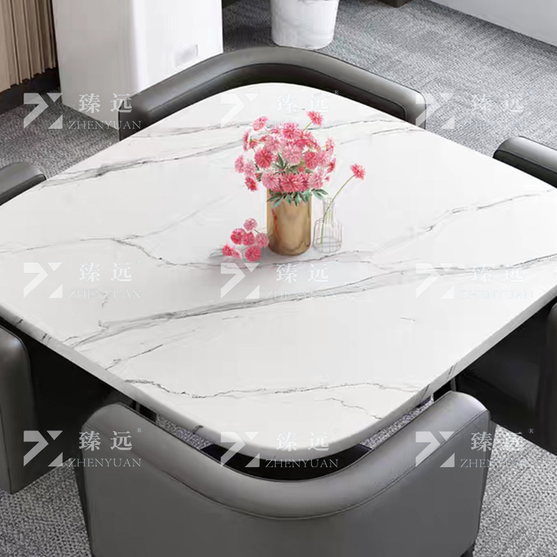 臻远 ZY4100956 简约接待桌椅洽谈桌椅 一桌四椅 白石根方桌灰色皮椅高清大图