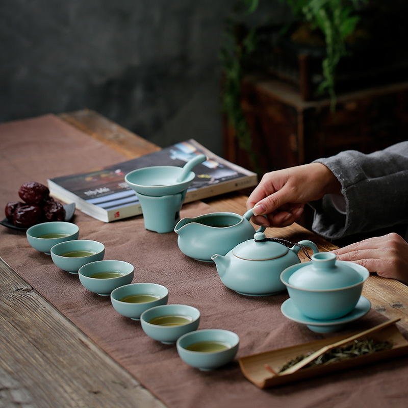 瓷物语功夫茶具汝窑高档茶具套装天蓝色茶具可养可开片（天蓝色10头富贵壶组）