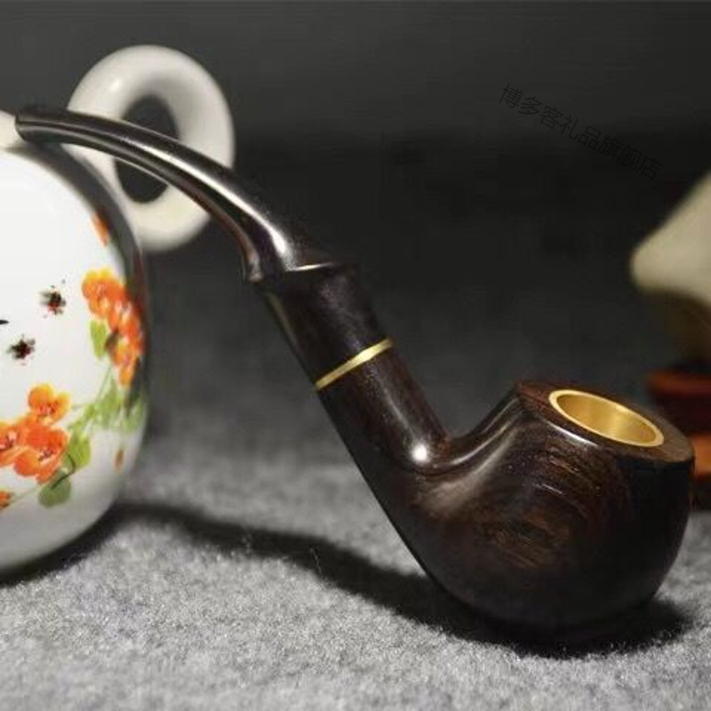 全实木手工烟斗老式弯式檀木旱烟袋锅金属拉杆活性炭滤芯红木烟具