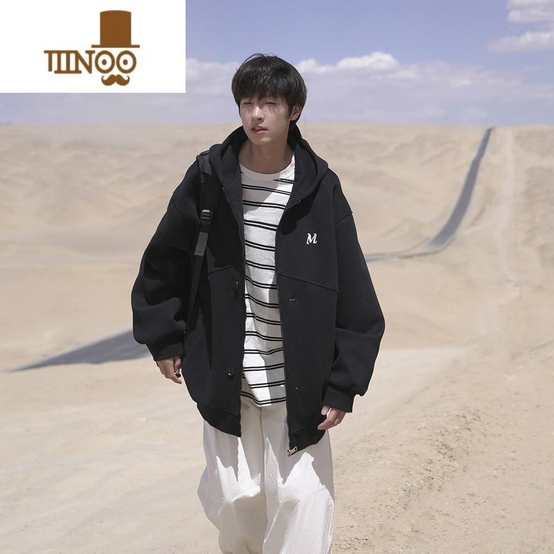 YANXUE2023秋季新款男新款连帽卫衣360g休闲舒适字母刺绣开衫百搭外套高清大图