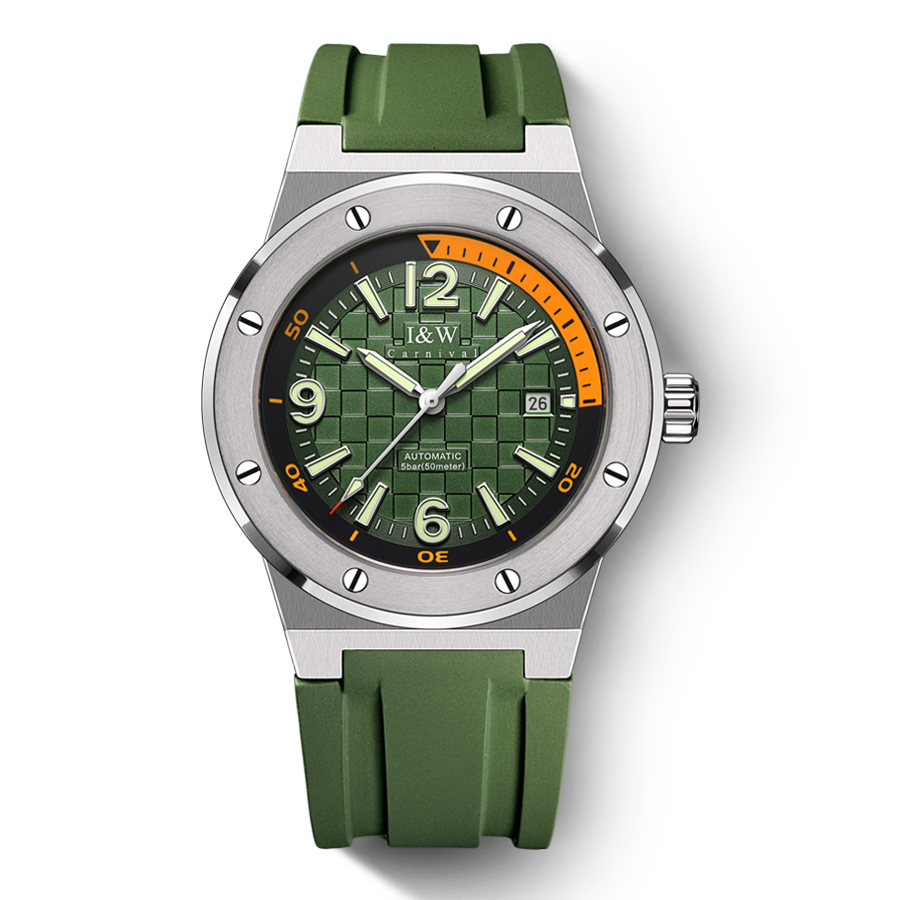 【大黄蜂】瑞士I&W CARNIVAL品牌手表全自动机械表男表新品防水橡胶带亮色时尚轻奢表小众设计个性腕表618G 绿面绿带