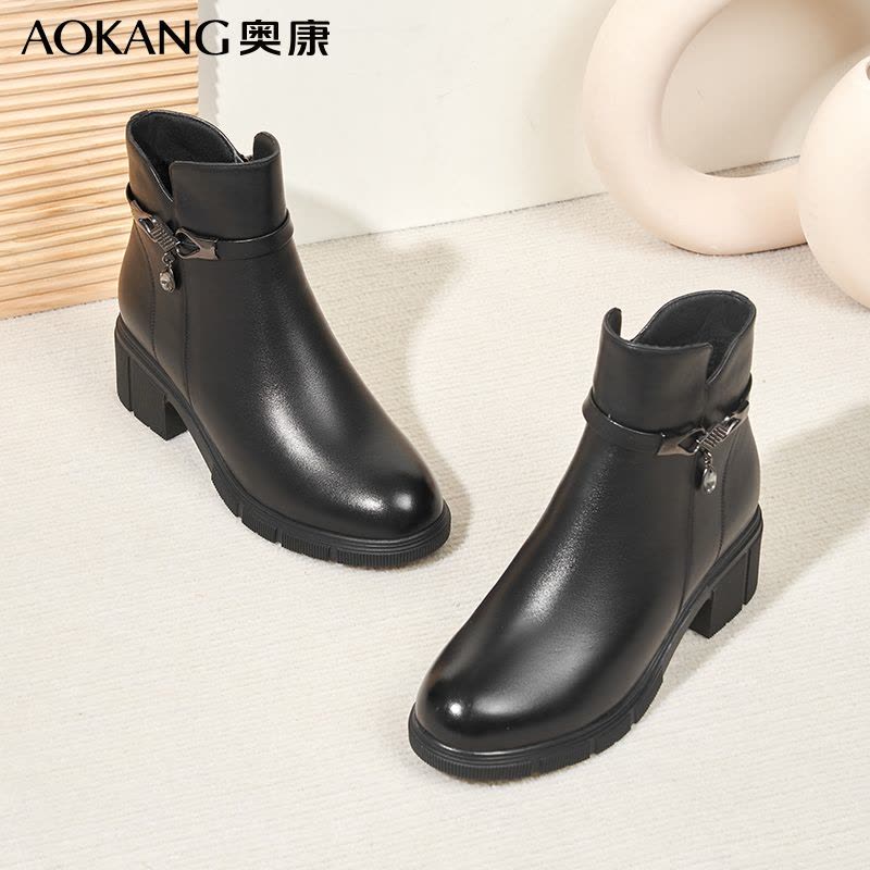 奥康女靴冬季加绒保暖休闲直筒靴牛皮高帮粗跟马丁靴女英伦复古短靴图片