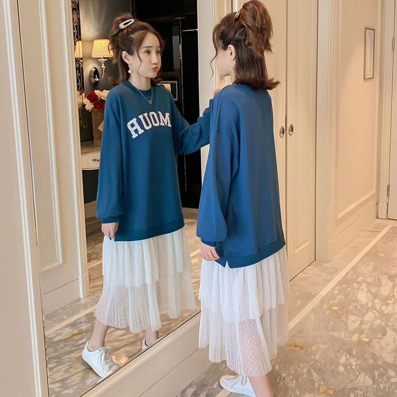 迪鲁奥(DILUAO)孕妇装2021秋冬新款孕妈装潮妈时尚小香风假两件连衣裙纯棉上衣孕妇裙子图片