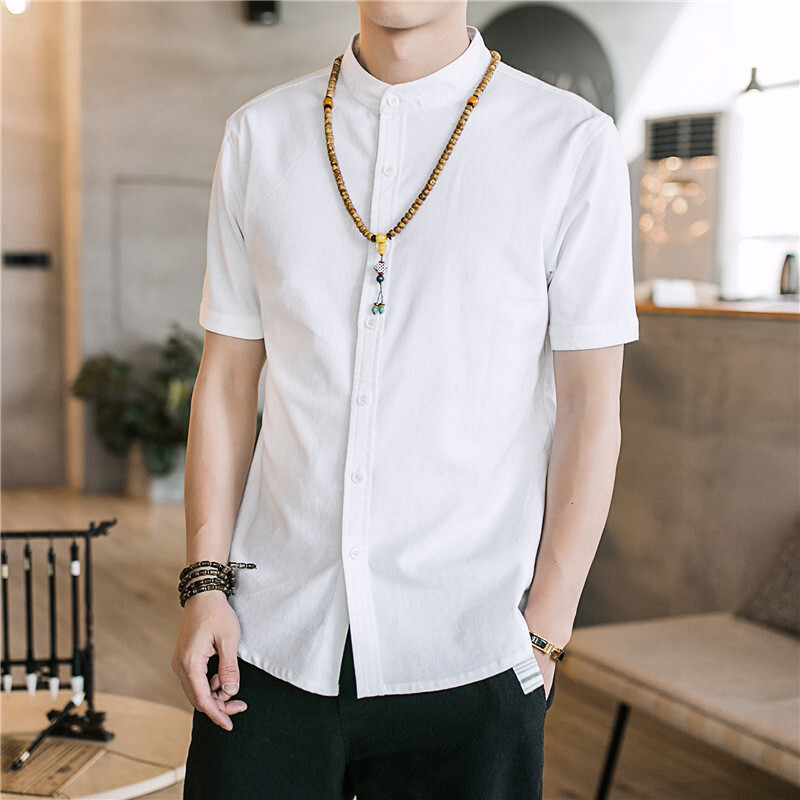 纯白色百搭短袖衬衫男士韩版修身亚麻衬衣立领休闲寸衫薄白色cs7071