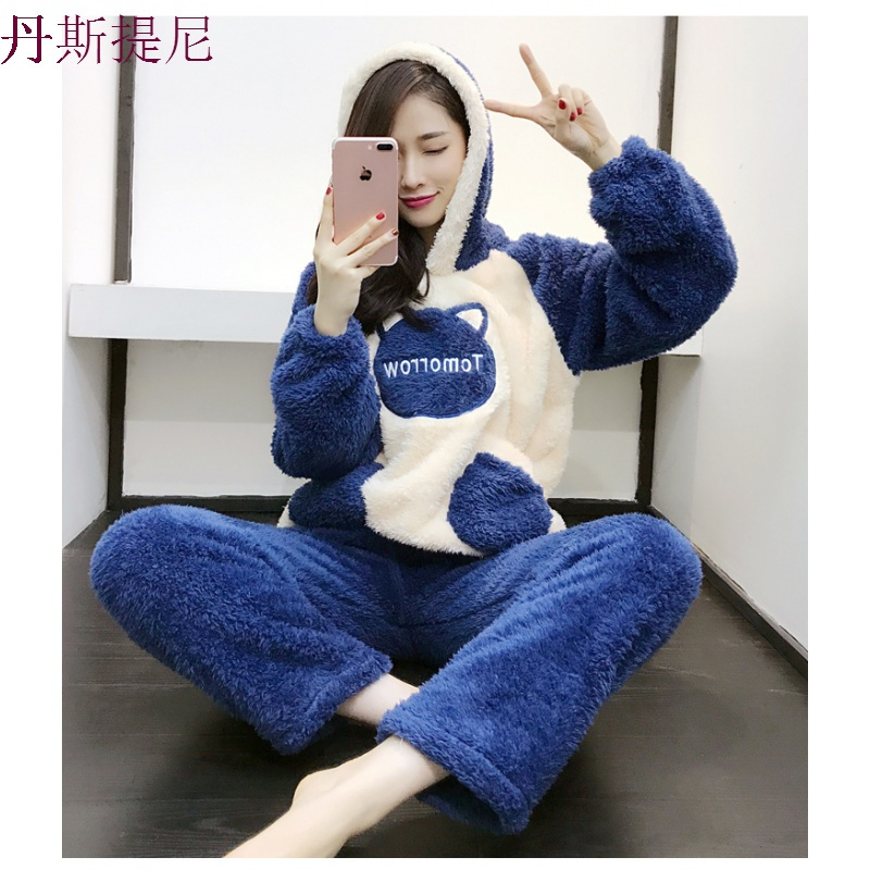 冬季套头睡衣女士冬天珊瑚绒可爱卡通可外穿加厚法兰绒家居服套装