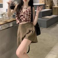 套装女2021夏季新款格子蝴蝶结吊带背心西装阔腿裤高腰百褶短裙裤 咖色百褶裤 单 S
