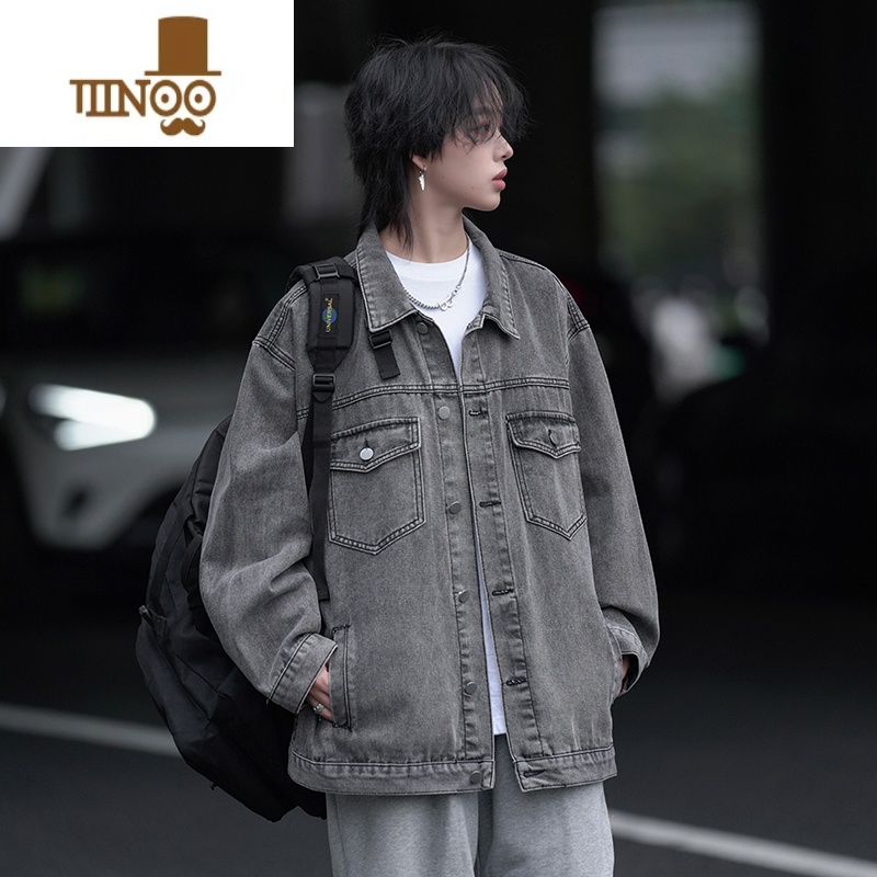 YANXU牛仔外套男港风ins潮牌宽松休闲上衣服做旧复古痞帅工装夹克高清大图