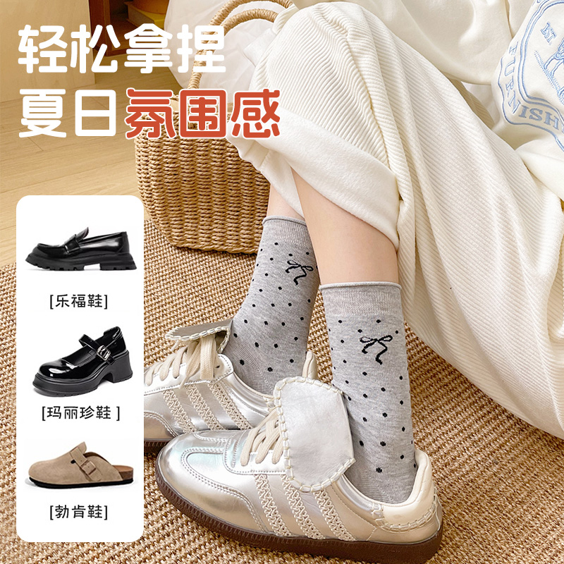 舒跑袜子女款春夏季堆堆袜点点袜中筒蝴蝶结可爱女袜堆堆袜ins高清大图