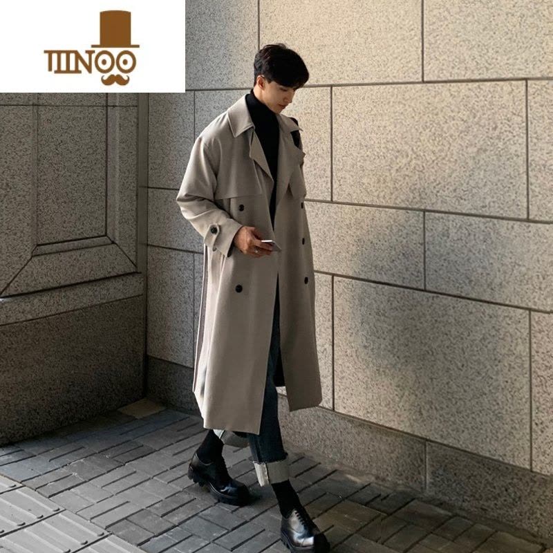 YANXU韩版风衣男中长款潮流宽松过膝英伦双排扣外套加厚休闲大衣图片