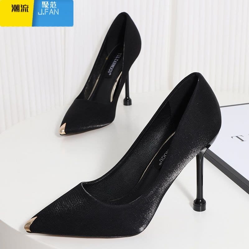 聚范新款黑色百搭酒杯跟气质职业高跟鞋女细跟 尖头 法式少女单鞋女鞋图片