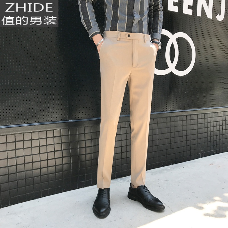 值得男装痞帅小西裤男潮流韩版宽松直筒长裤i港风西装裤潮牌季黑裤子_561 卡其 33