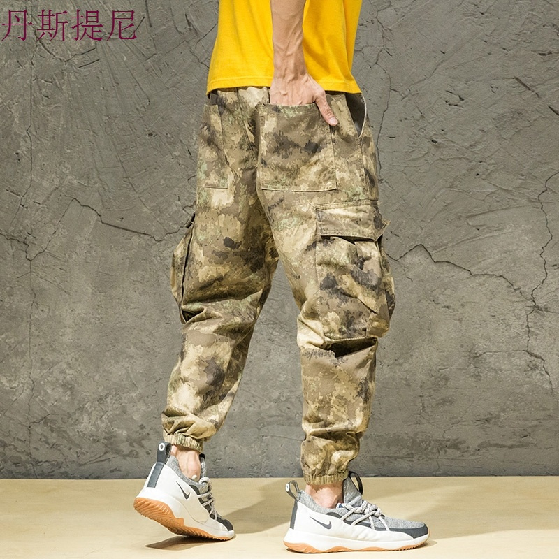 迷彩工装裤男宽松束脚多口袋休闲裤夏季加肥加大码潮牌小脚哈伦裤