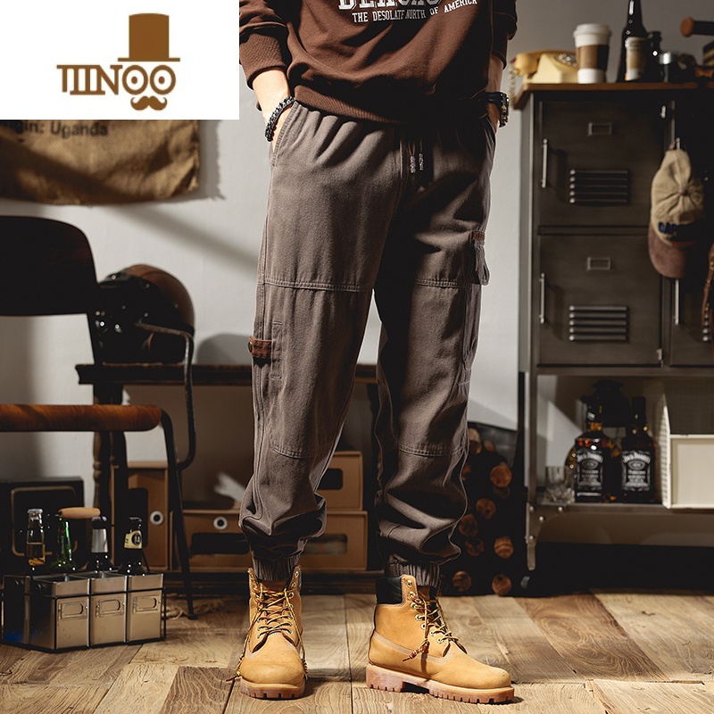 YANXU美式复古黑色工装裤男款秋季潮牌束脚大口袋撞色耐磨休闲长裤高清大图