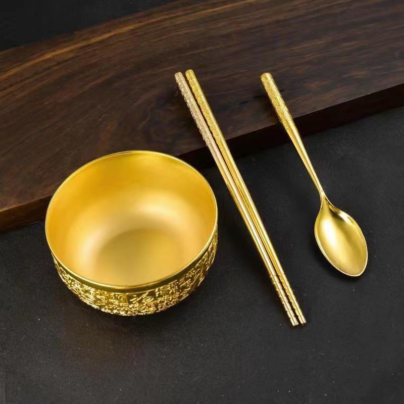 金碗金筷子金勺子黄金色食用熟金龙凤银碗三件套装