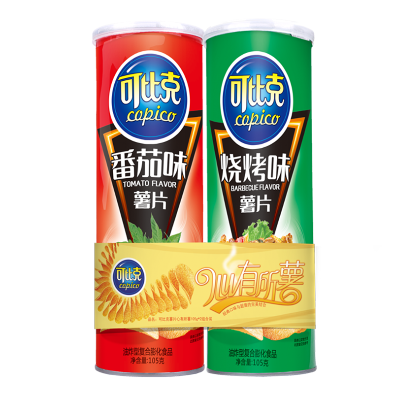 可比克 膨化食品 两连罐薯片105g(烧烤+番茄味)高清大图