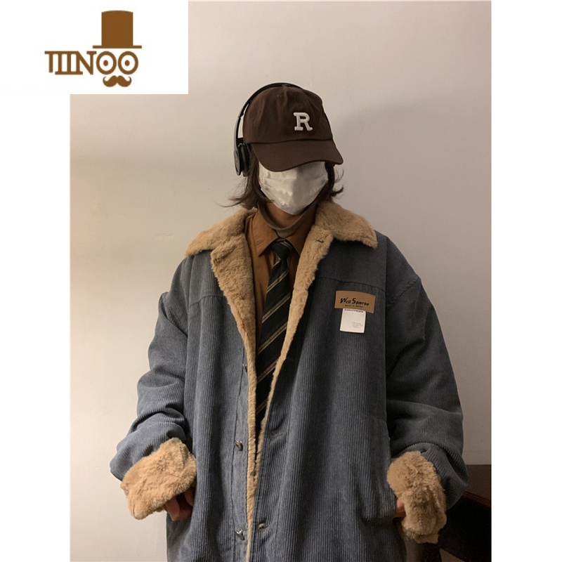 YANXU冬季加绒加厚羔毛棉衣男日系灯芯绒棉服bf宽松潮牌工装棉袄外工 XL 灰色