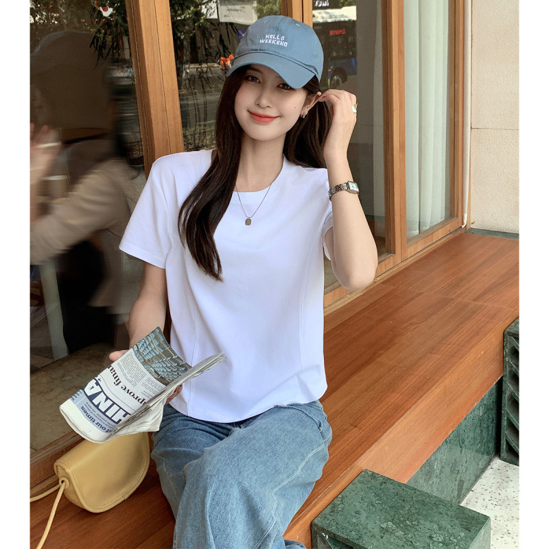 [2.5折价46元]唐狮夏季女圆领正肩分割短款短袖T恤显瘦简约百搭气质韩系