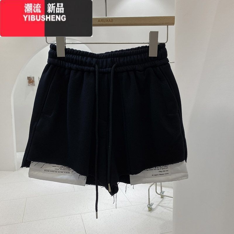 YIBUSHENG胖妹妹大码时尚百搭贴布高腰短裤季宽松阔腿裤女抽绳运动休闲裤