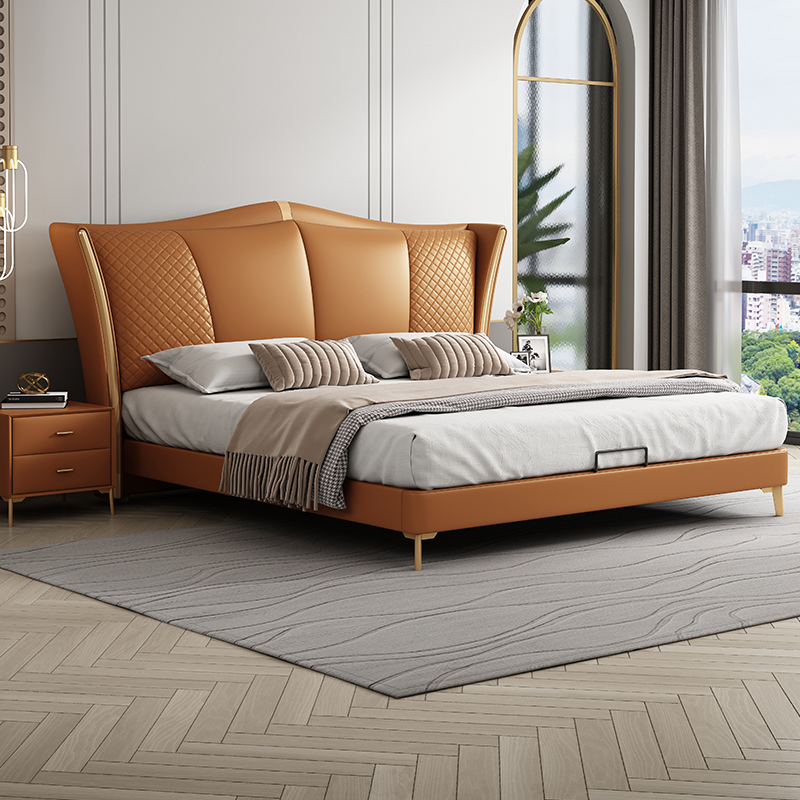 法依兰意式极简真皮床现代简约主卧室婚床小户型18m北欧轻奢双人床