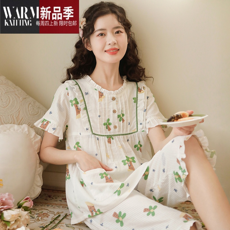 shanchao『』新款睡衣女甜美减龄夏季清新短袖纱布圆领家居服套装