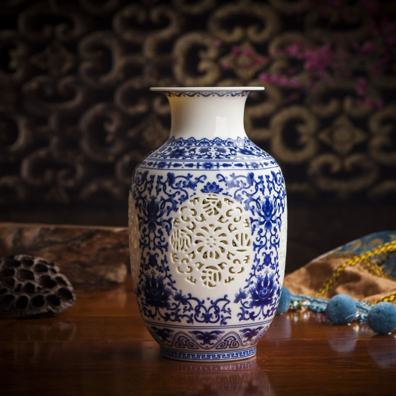 景德镇陶瓷玲珑镂空花瓶中式仿古插花瓶家居装饰工艺品摆件 三维工匠 粉彩玲珑竹节瓶