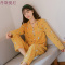 清新睡衣女秋纯棉长袖甜美可爱春秋季开扣翻领全棉家居服套装薄款