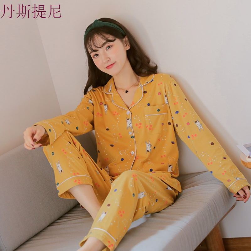 清新睡衣女秋纯棉长袖甜美可爱春秋季开扣翻领全棉家居服套装薄款
