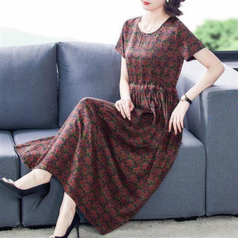 高档外贸香云纱真丝连衣裙女装夏杭州新款超重磅桑蚕丝妈妈中长裙红色