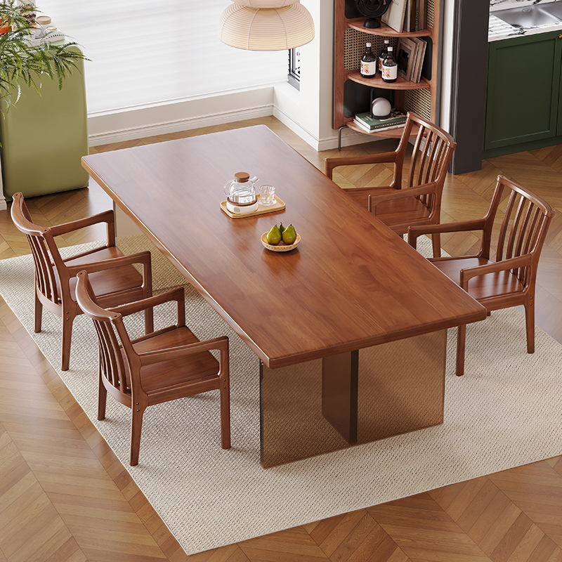 景山百岁 实木大板桌现代简约亚克力餐桌家用客厅大长书桌多人学习桌工作台 单桌+长凳*1+圆皮凳*2 1.6m