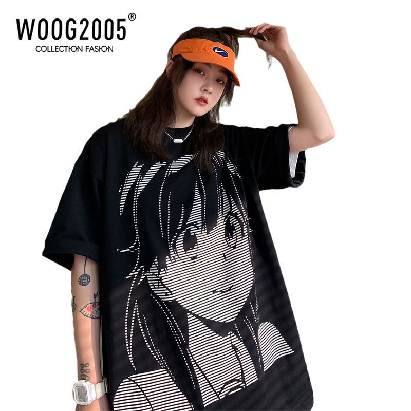 WOOG2005情侣装ins情侣短袖潮流t恤男设计感小众vintage动漫半袖 黑色女孩 5XL