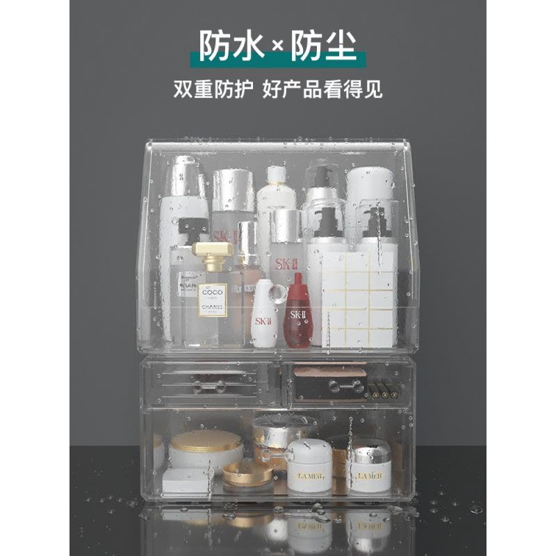 梳妆台化妆架化妆品口红护肤品收纳盒子化妆盒防尘桌面收纳置物架 透明白[抽屉款]+[大平顶][加大一体款]图片