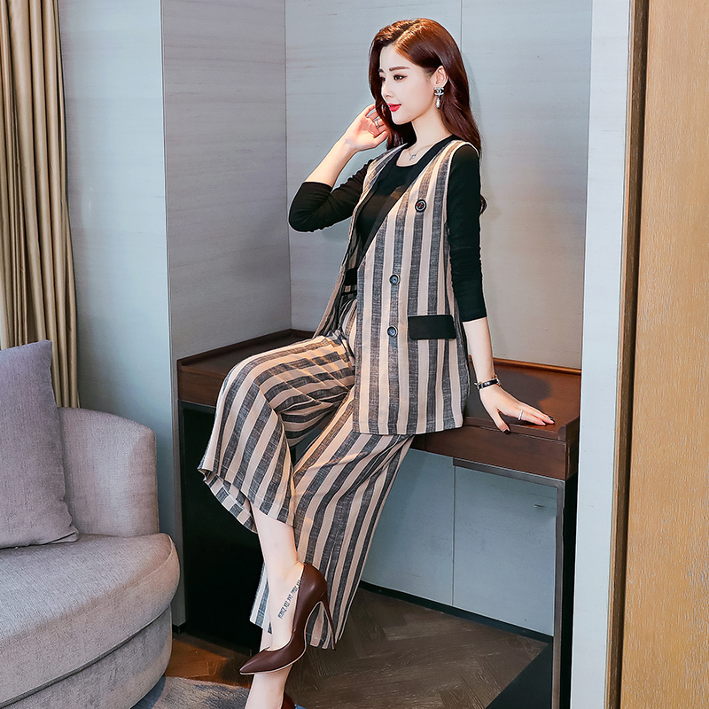 条纹阔腿裤三件套女2018年春秋新款韩版显瘦长袖气质长款马甲套装