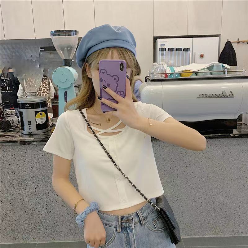 设计感小众短款短袖t恤女夏宽松韩版ins潮原宿风chic港味黑色好质量