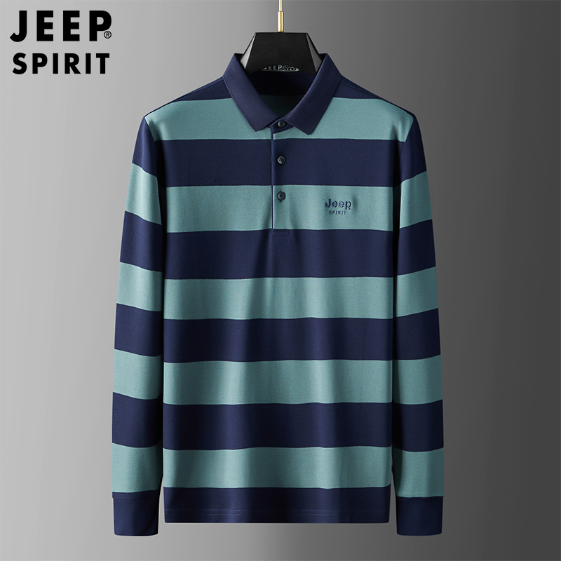 JEEP SPIRIT男士T恤全棉时尚大条纹体恤衫吉普商务休闲翻领男长袖t恤上衣
