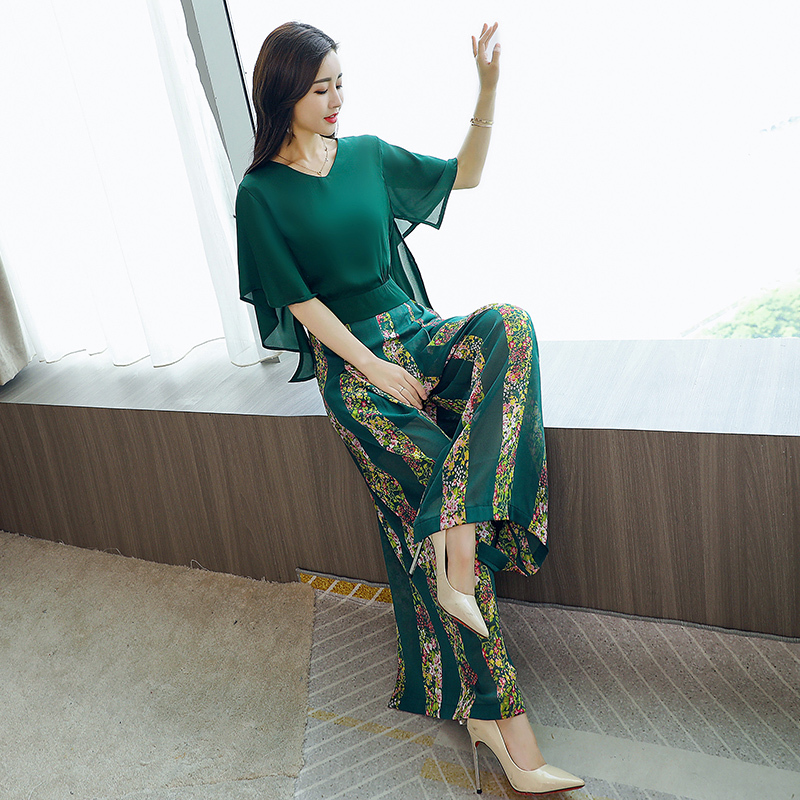 女神范印花套装女夏款女士新品时尚气质两件套时髦洋气高腰阔腿裤