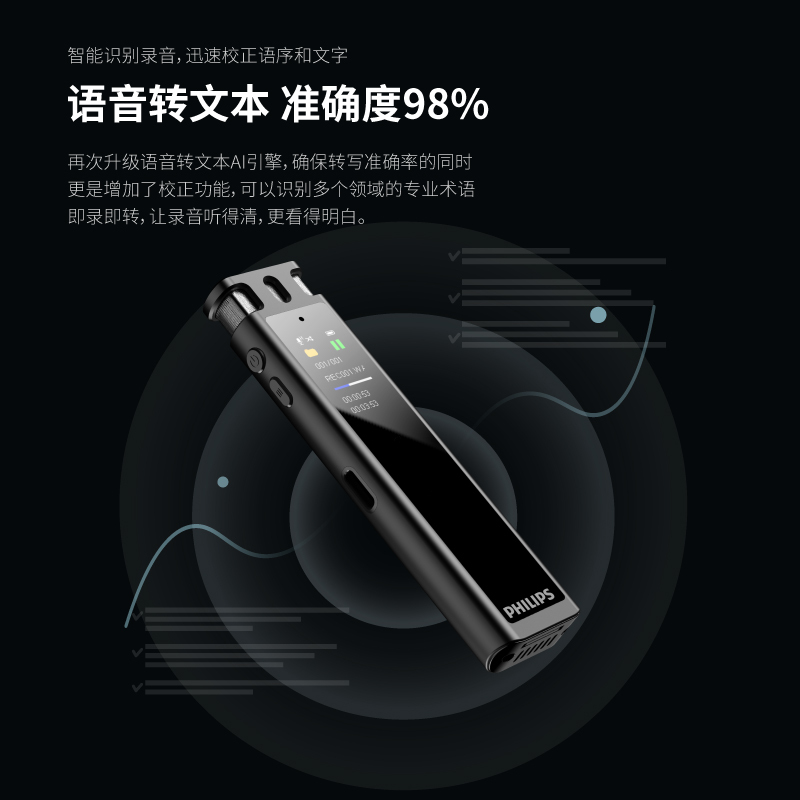 飞利浦(PHILIPS)VTR5260 32G专业录音笔 2+2麦克风阵列 语音转文字 高清降噪 同步翻译 可插卡高清大图