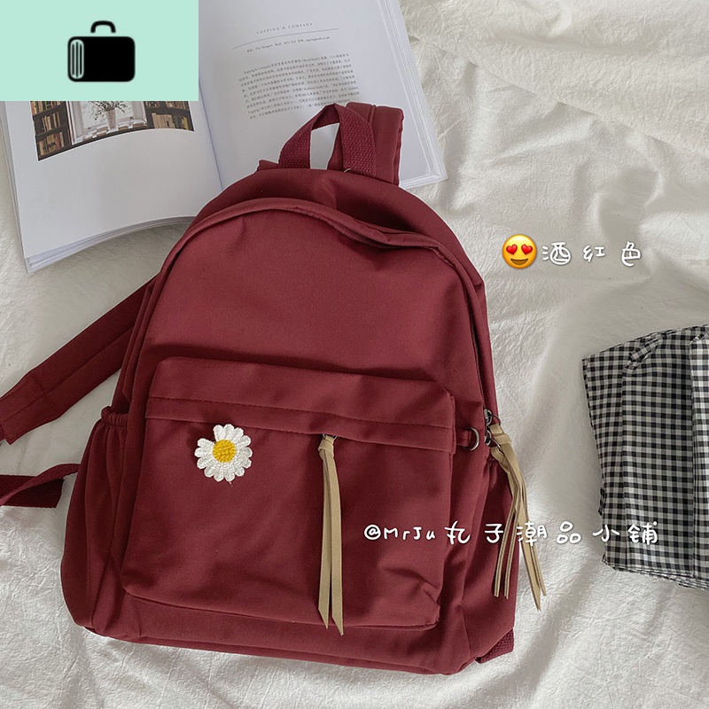 双肩包新款书包中学生日系简约百搭无印复古校园书包女韩版高中潮NEWLAKE 酒红色送针织小菊花