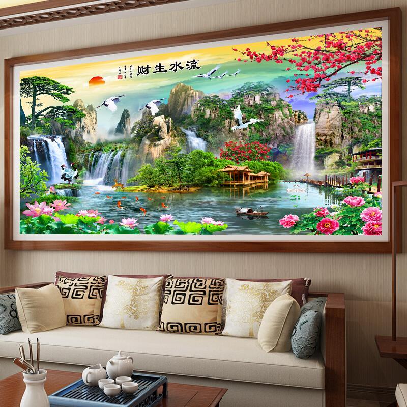 KS十字绣2018新款客厅山水风景画十字绣流水生财钻石画