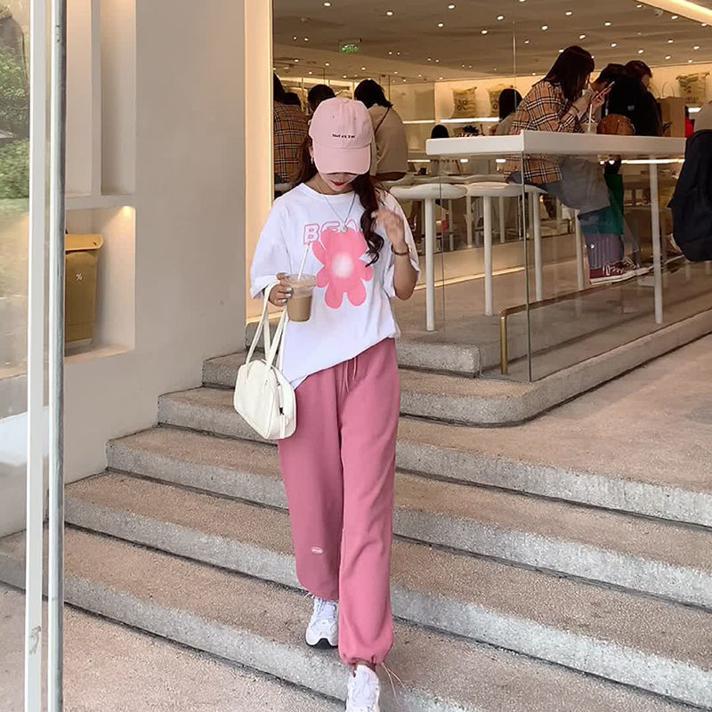 美动态大码女装印花T休闲裤两件套2022新款胖mm藏肉显瘦休闲套装