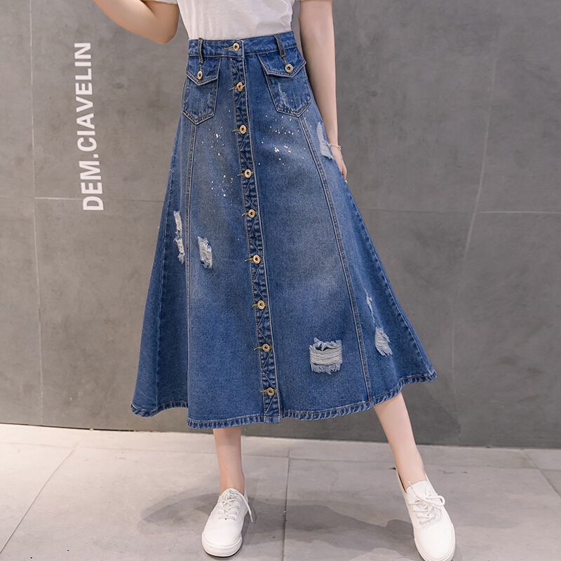 2018新款韩版磨破春秋显瘦宽松牛仔裙女排扣中长半身裙蓝色
